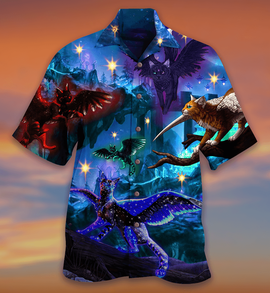 Cat Hawaiian Shirts For Summer, Cat Fly Love Dark Aloha Shirts, Best Colorful Cat Hawaiian Shirts Outfit For Men Women, Friend, Team, Cat Lovers - Amzanimalsgift