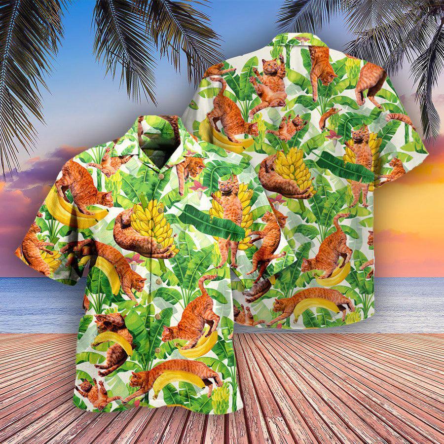 Cat Hawaiian Shirts For Summer, Cat Funny And Jumping Bananas - Best Colorful Cat Hawaiian Shirts Outfit For Men Women, Friend, Team, Cat Lovers - Amzanimalsgift