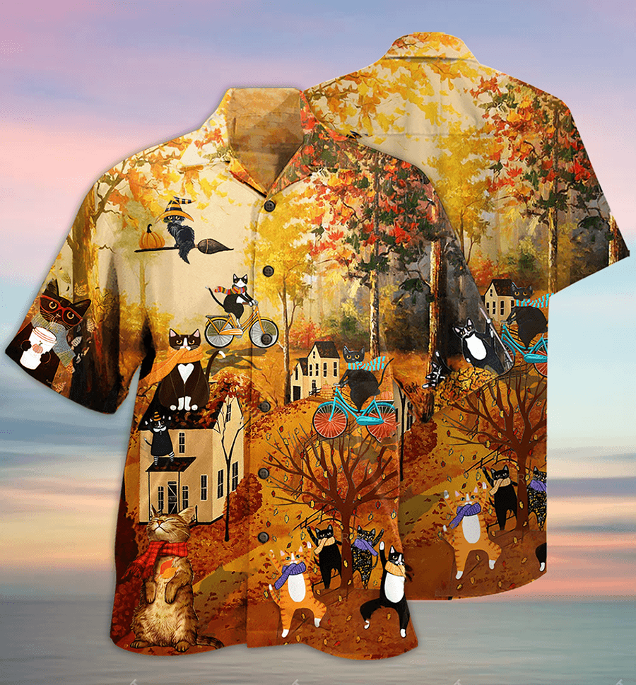 Cat Hawaiian Shirts For Summer, Cat In Autumn Aloha Shirts, Best Colorful Cool Cat Hawaiian Shirts Outfit For Men Women, Friend, Team, Cat Lovers - Amzanimalsgift
