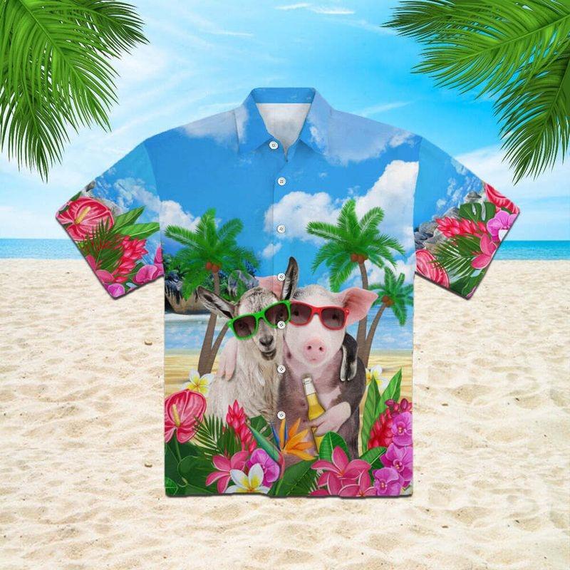 Cattle Aloha Hawaiian Shirt - Pig And Goat In Sunglasses Hugging Hawai -  Amzanimalsgift