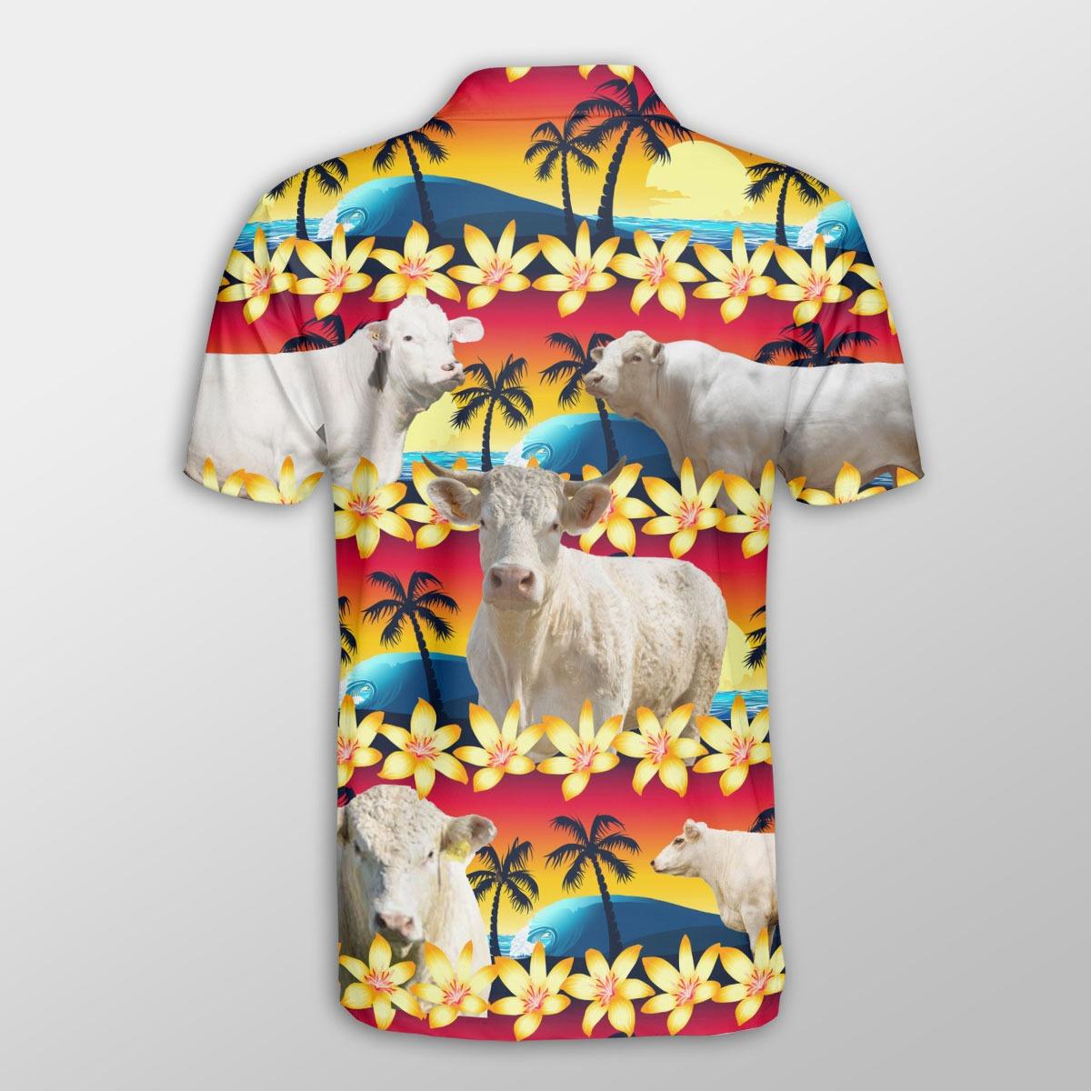 Charolais Men Polo Shirts For Summer - Charolais Beach Sunset Pattern Button Shirts For Men - Perfect Gift For Charolais Lovers, Cattle Lovers - Amzanimalsgift
