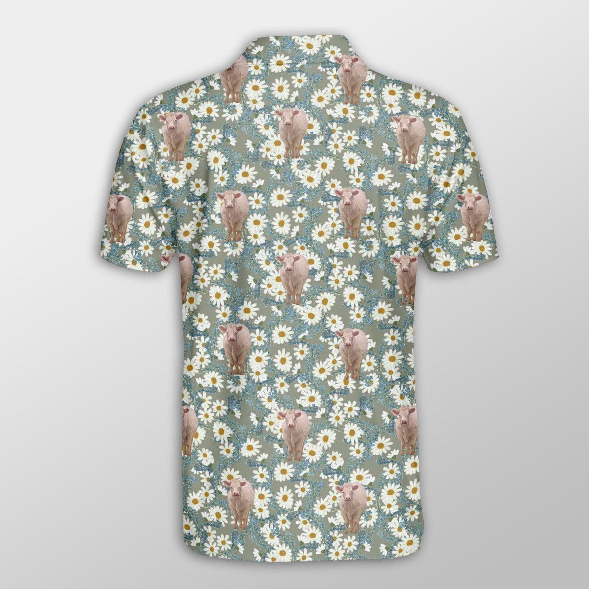 Charolais Men Polo Shirts For Summer - Charolais Camomilles Flower Grey Pattern Button Shirts For Men - Perfect Gift For Charolais Lovers, Cattle Lovers - Amzanimalsgift