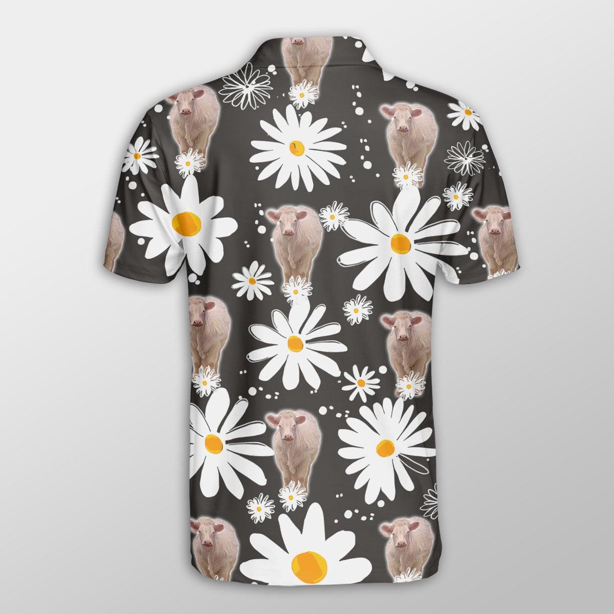 Charolais Men Polo Shirts For Summer - Charolais Daisy Flower Pattern Button Shirts For Men - Perfect Gift For Charolais Lovers, Cattle Lovers - Amzanimalsgift