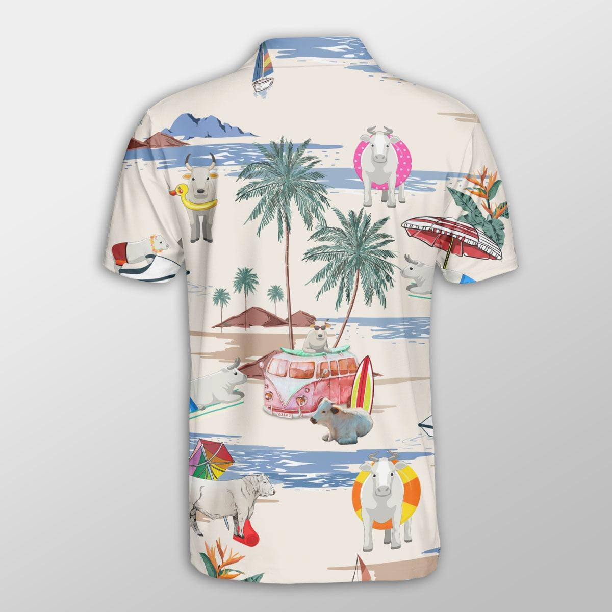 Charolais Men Polo Shirts For Summer - Charolais Summer Beach Pattern Button Shirts For Men - Perfect Gift For Charolais Lovers, Cattle Lovers - Amzanimalsgift