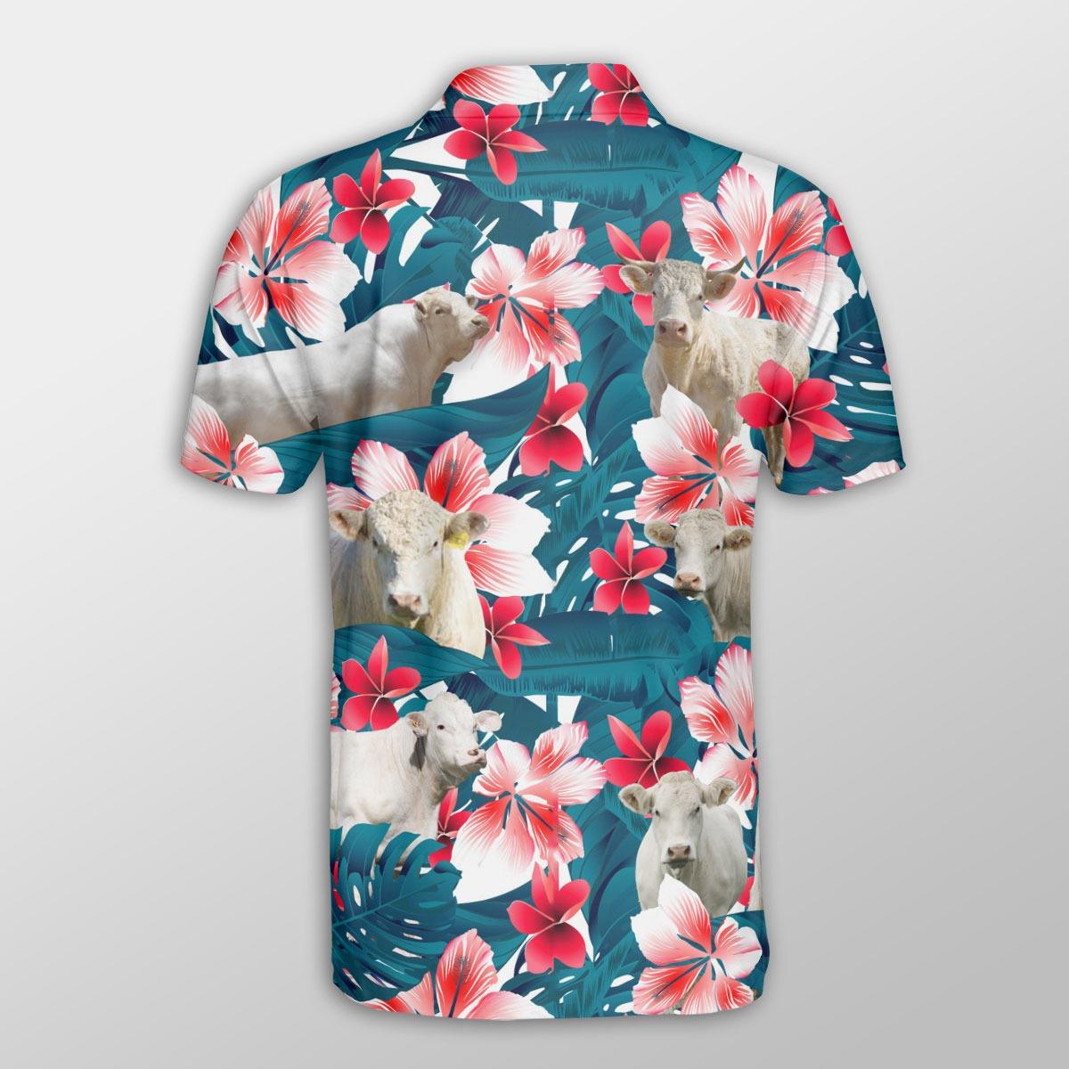 Charolais Men Polo Shirts For Summer - Charolais Tropical Floral Pattern Farm Lovers Button Shirts For Men - Perfect Gift For Charolais Lovers, Cattle Lovers - Amzanimalsgift