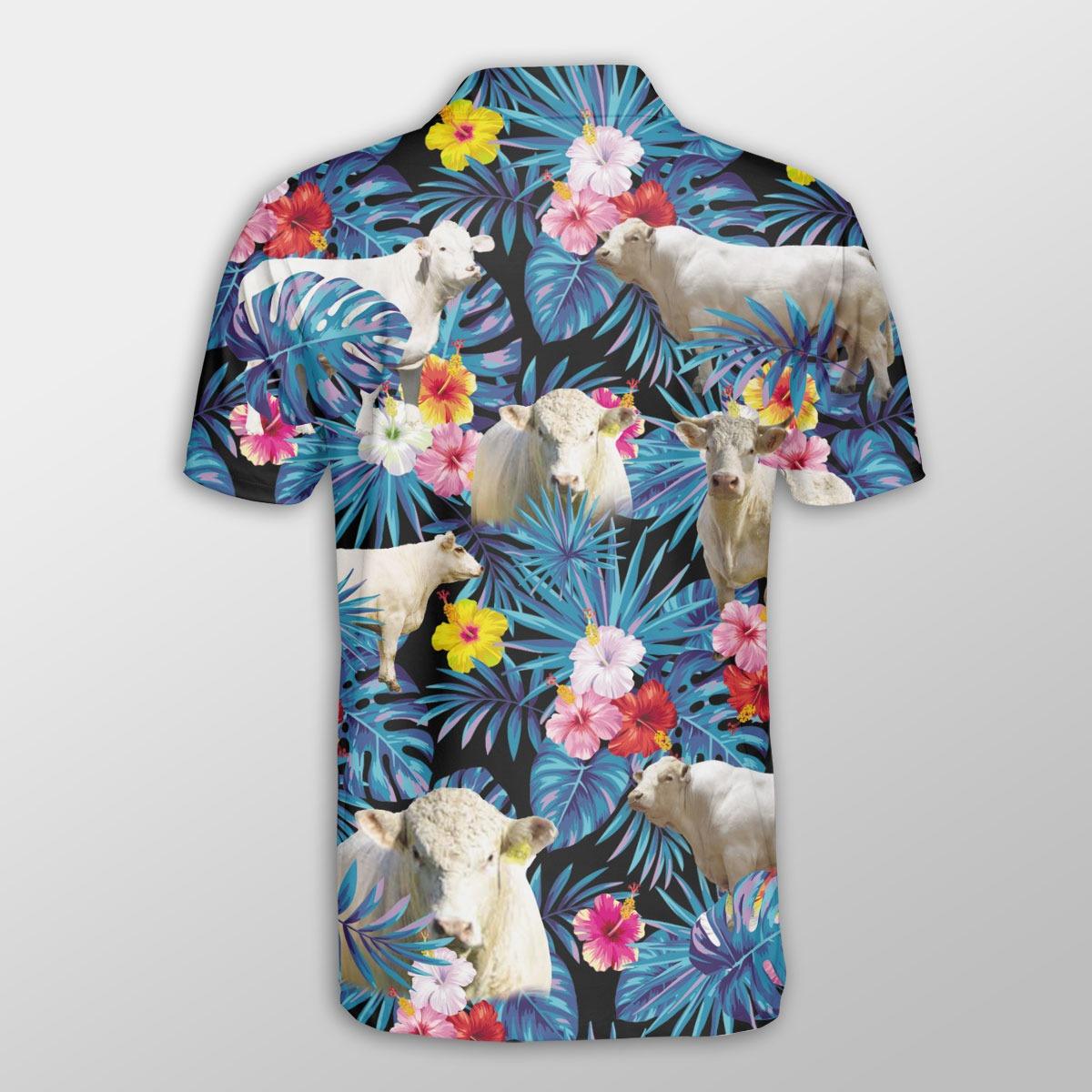 Charolais Men Polo Shirts For Summer - Charolais Tropical Flowers Leaves Pattern Button Shirts For Men - Perfect Gift For Charolais Lovers, Cattle Lovers - Amzanimalsgift