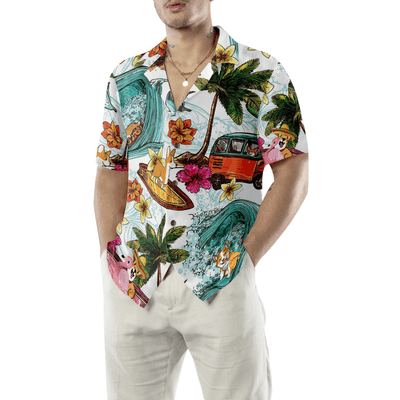 Corgi Hawaiian Shirt, Corgi On The Beach, Palm Tree Aloha Shirt For Men - Perfect Gift For Corgi Lovers, Husband, Boyfriend, Friend, Family - Amzanimalsgift