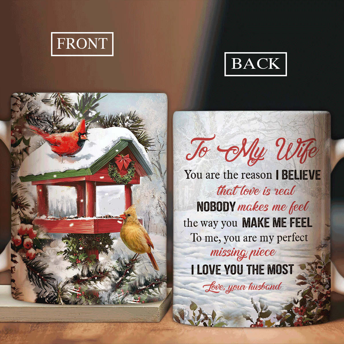 Couple AOP Mug- To my wife, Cardinal couple, Birdhouse, Winter garden Mug - Gift for couple, lover - I love you the most Mug - Amzanimalsgift