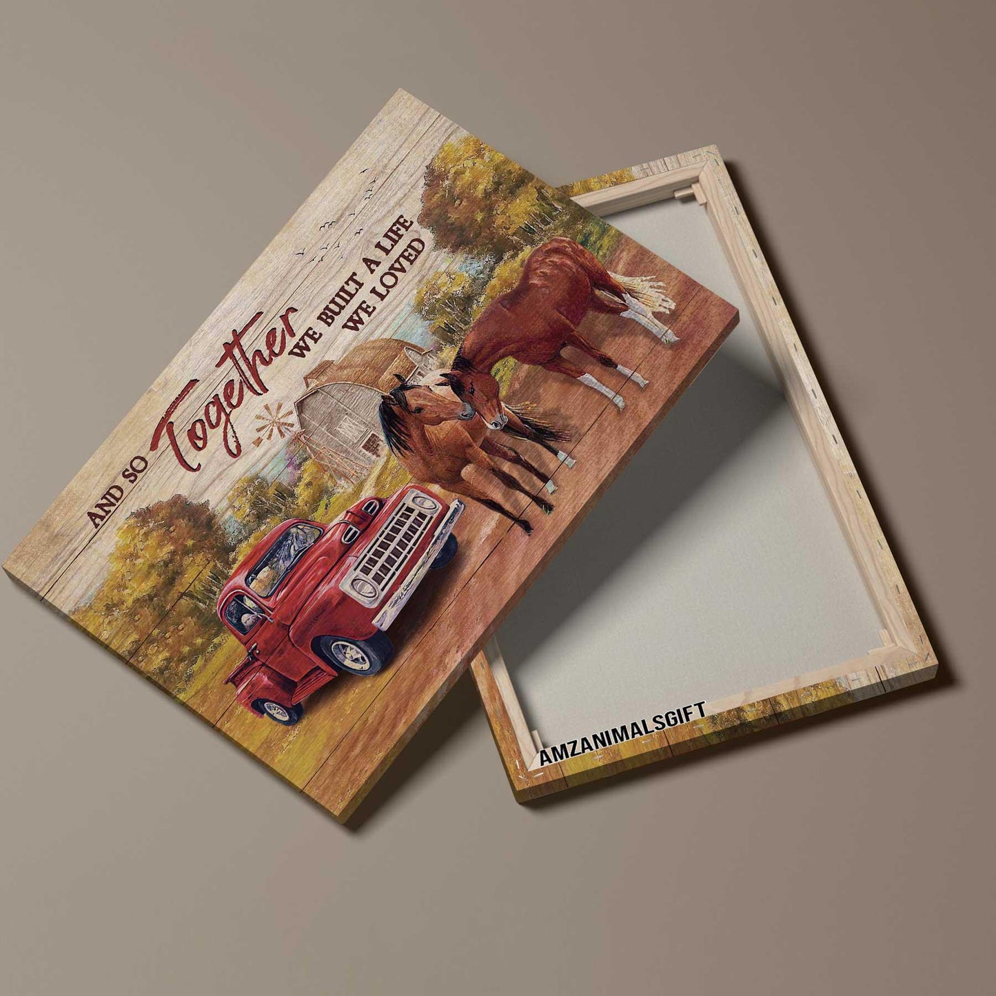 Couple Premium Wrapped Landscape Canvas - Beautiful Countryside, Brown Horse, Ladybug Car, We Built A Life We Loved - Perfect Gift For Couple, Lovers - Amzanimalsgift