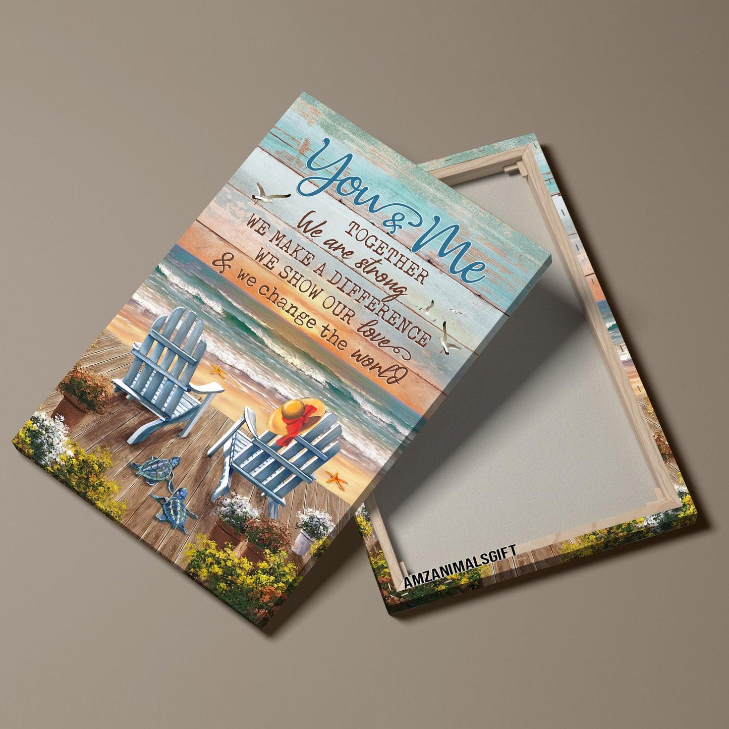 Couple Premium Wrapped Portrait Canvas - Blue Chairs, Ocean Painting, Orange Sunset, You And Me Together - Perfect Gift For Couple, Lovers, Spouse - Amzanimalsgift