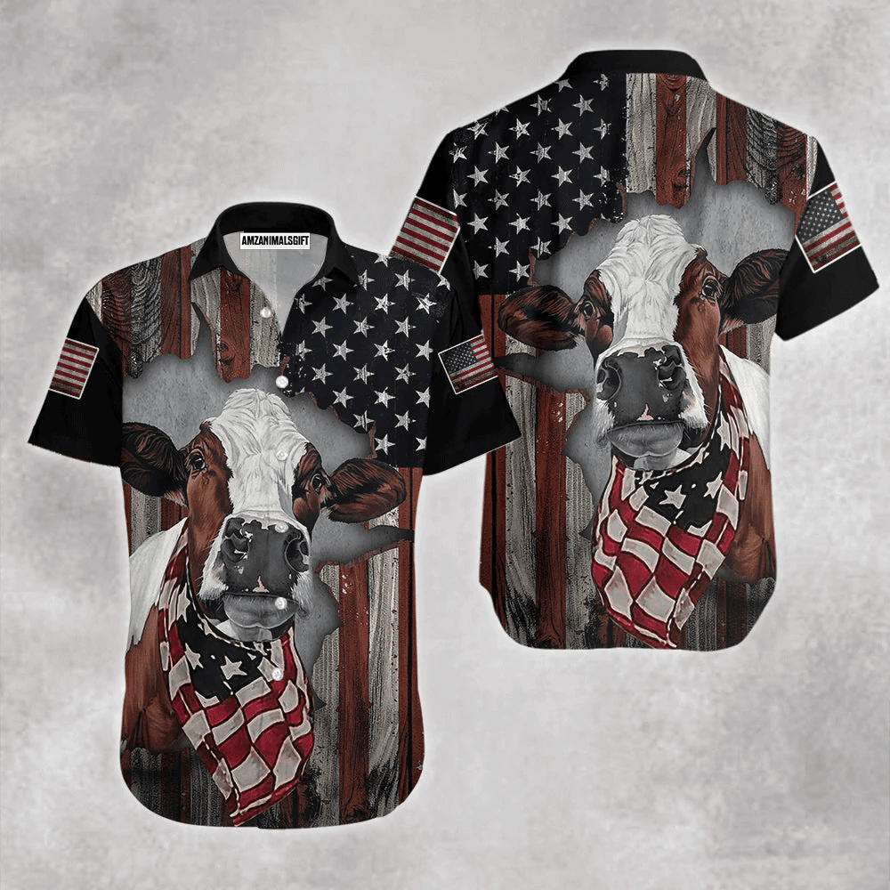 Cow American Flag Patriotic Aloha Hawaiian Shirts For Men Women, USA Flag Hawaiian Shirt, 4th July Gift For Summer, Friend, Family, Independence Day - Amzanimalsgift