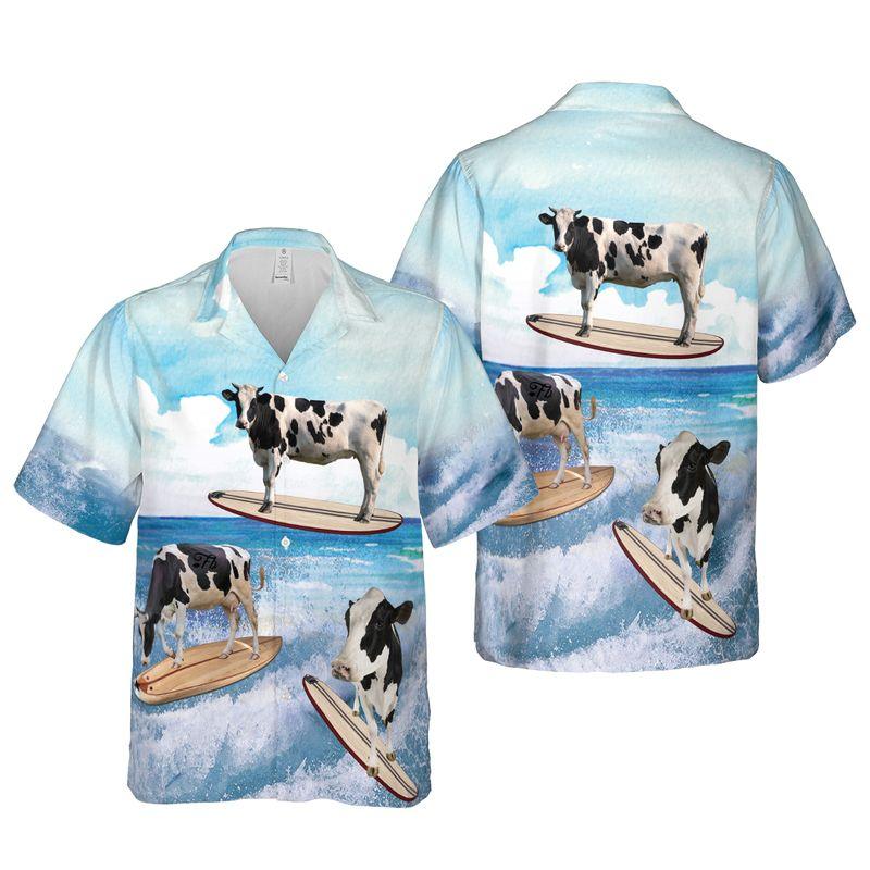 Cow Surfing Aloha Hawaiian Shirts For Summer - Dairy Cow Beach Art Hawaiian Set Vacation Outfits For Men Women - Gift For Cow Surfing Lovers, Farmer - Amzanimalsgift