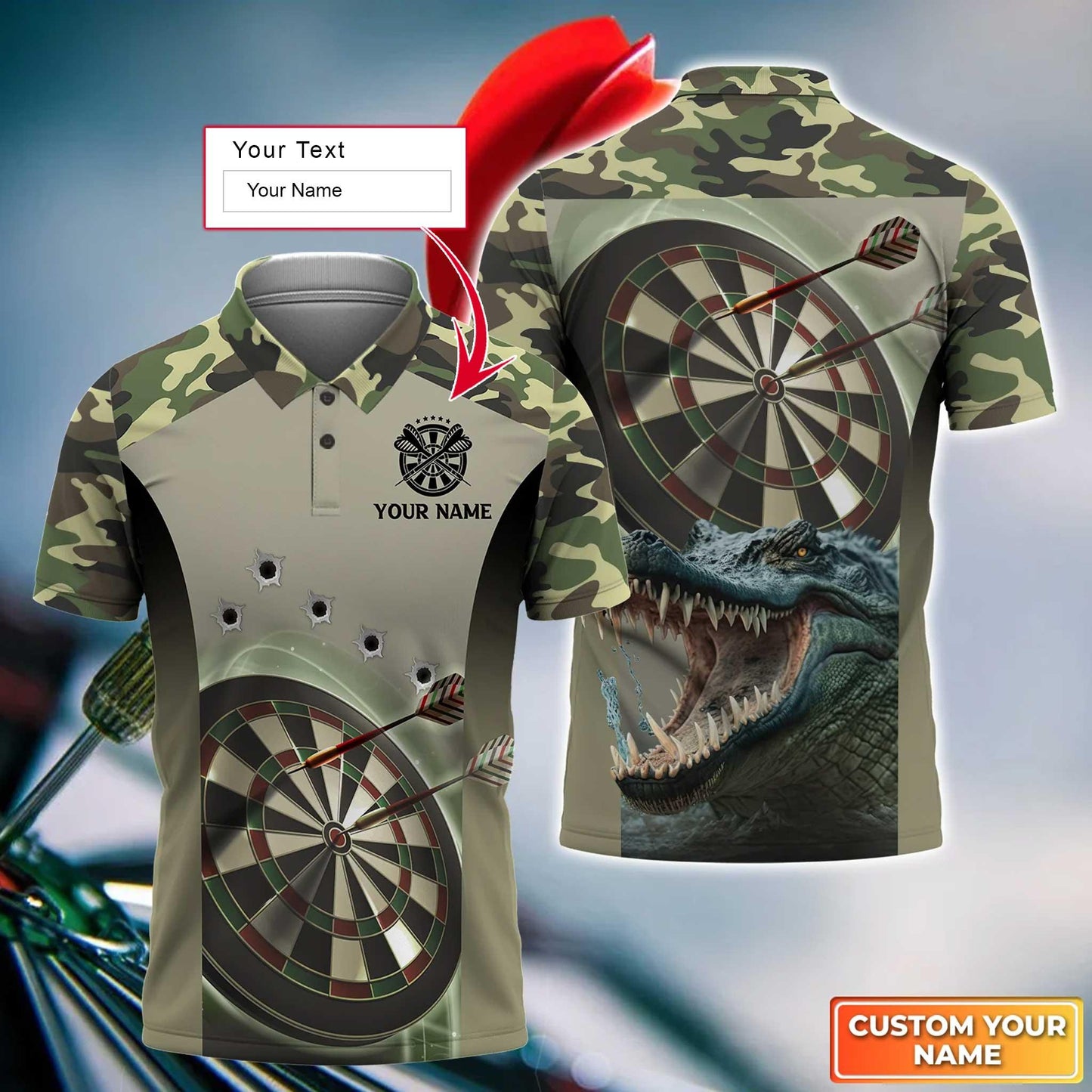 Crocodile And Darts Custom Name Men Polo Shirt, Camo Bullseye Dartboard Personalized Men Polo Shirt Gift For Darts Lovers, Friend, Team - Amzanimalsgift