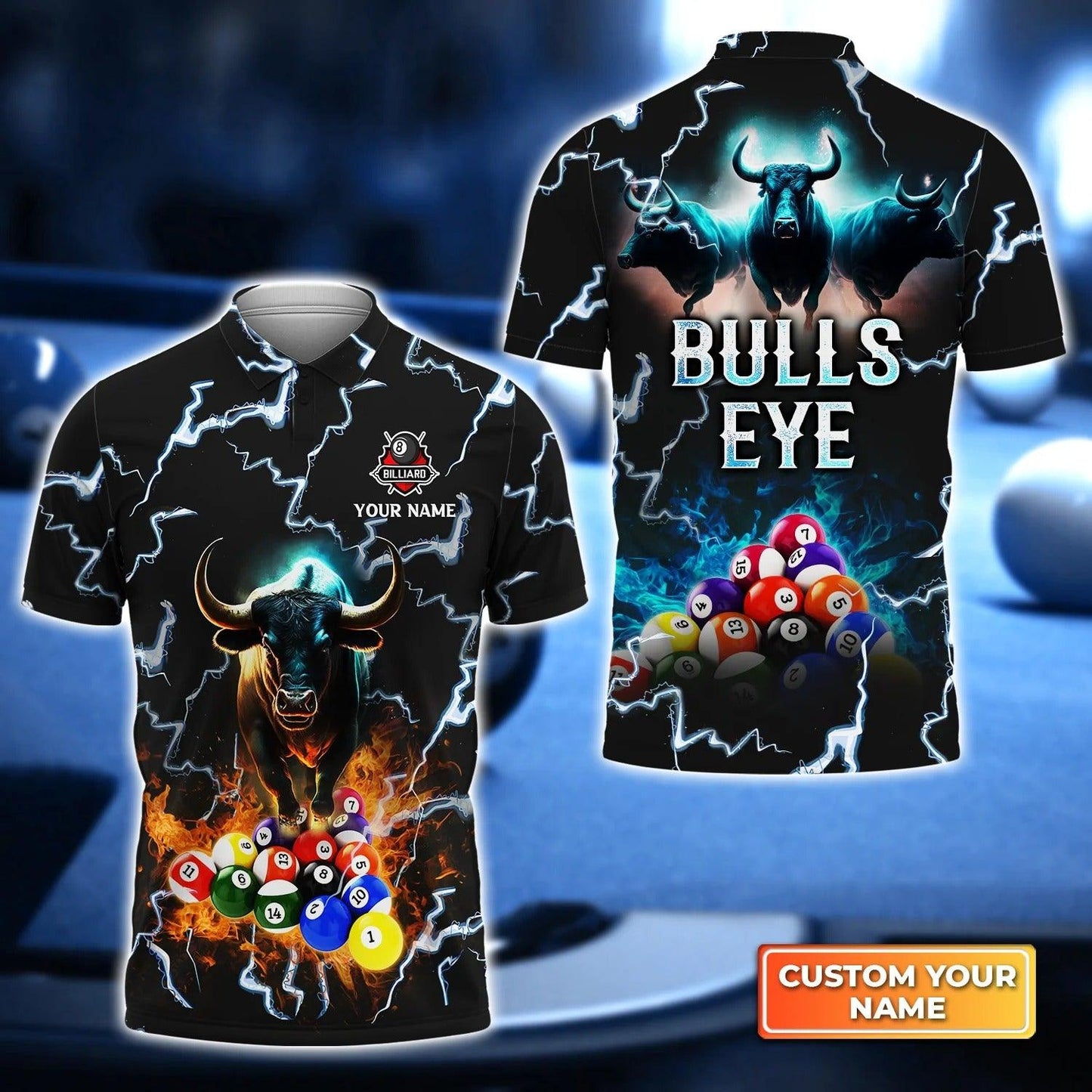 Custom Billiard Men Polo Shirt - Bulls Eye Billiard Team Pool 8 Ball Personalized Name Polo Shirt Gift For Men, Billiard Players, Billiard Lover - Amzanimalsgift