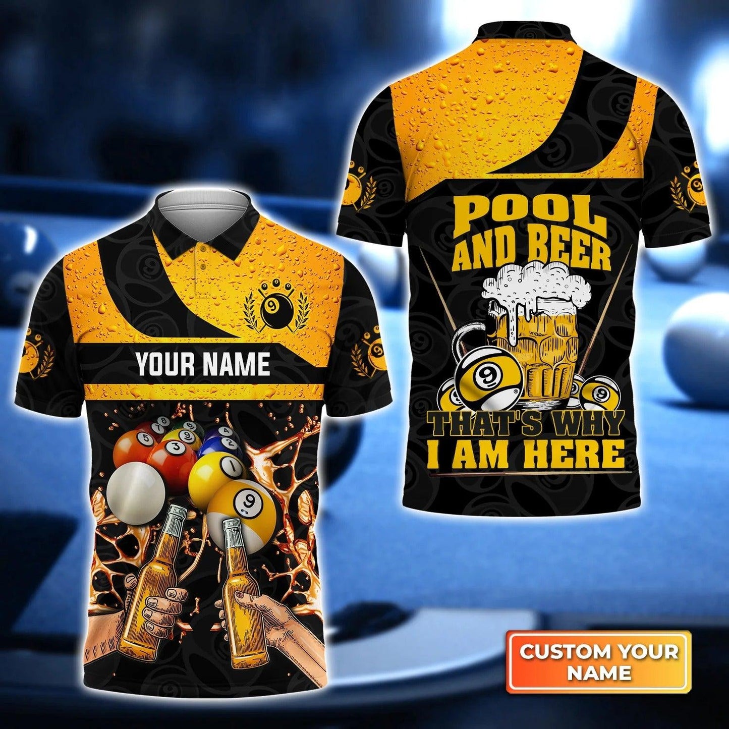 Custom Billiard Men Polo Shirt, Nine-Ball Billiard And Beer That's Why I'm Here Personalized Name Polo Shirt, Gift For Billiard Lover, Billiard Player - Amzanimalsgift