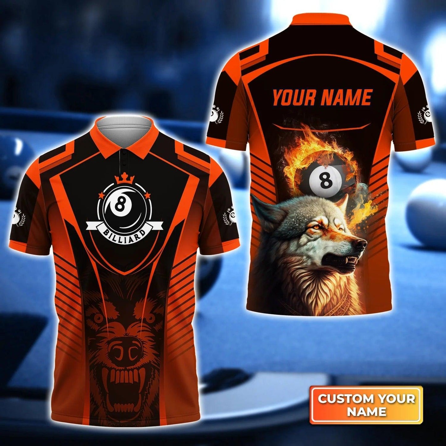 Custom Billiard Men Polo Shirt - Orange Wolf Billiard Pool 8 Ball Team Personalized Name Polo Shirt For Men, Billiard Players, Billiard Lover - Amzanimalsgift