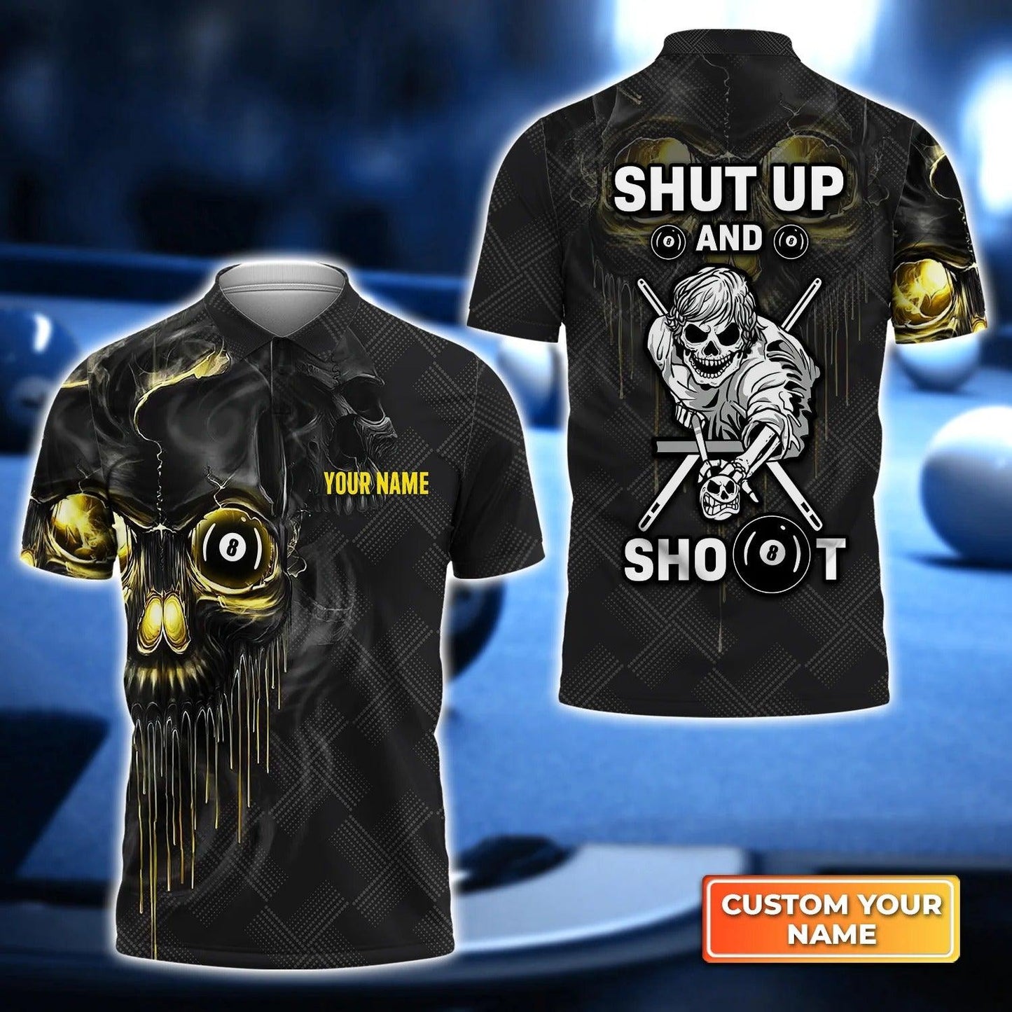 Custom Billiard Men Polo Shirt, Skeleton & Billiards Pool Shut Up And Shoot Personalized Name Polo Shirt, Gift For Billiard Lovers, Billiard Players - Amzanimalsgift