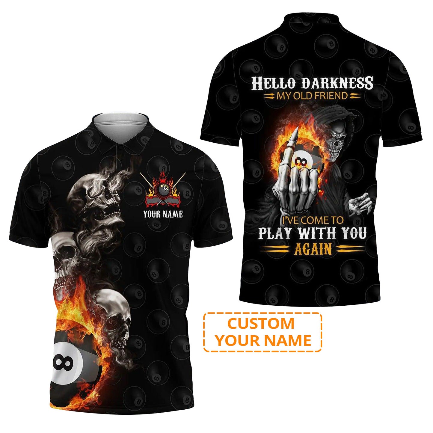 Custom Billiard Men Polo Shirt - Skull Reaper Billiard Pool 8 Ball Hello Darkness My Old Friend Personalized Name Polo Shirt Gift For Men