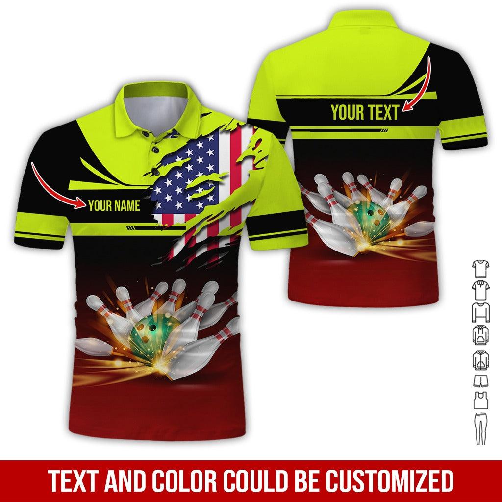 Custom Bowling Men Polo Shirt - Amazing Bowling Ball And US Flag Personalized Name Polo Shirt - Perfect Bowling Gift For Men, Bowling Lover - Amzanimalsgift