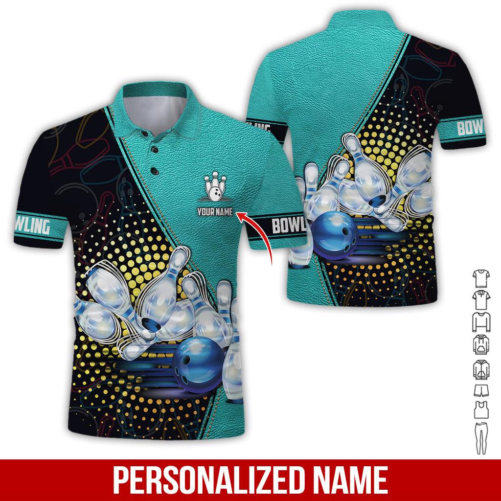 Custom Bowling Men Polo Shirt - Black And Blue Bowling Ball Pattern Personalized Name Polo Shirt - Perfect Bowling Gift For Men, Bowling Lover - Amzanimalsgift