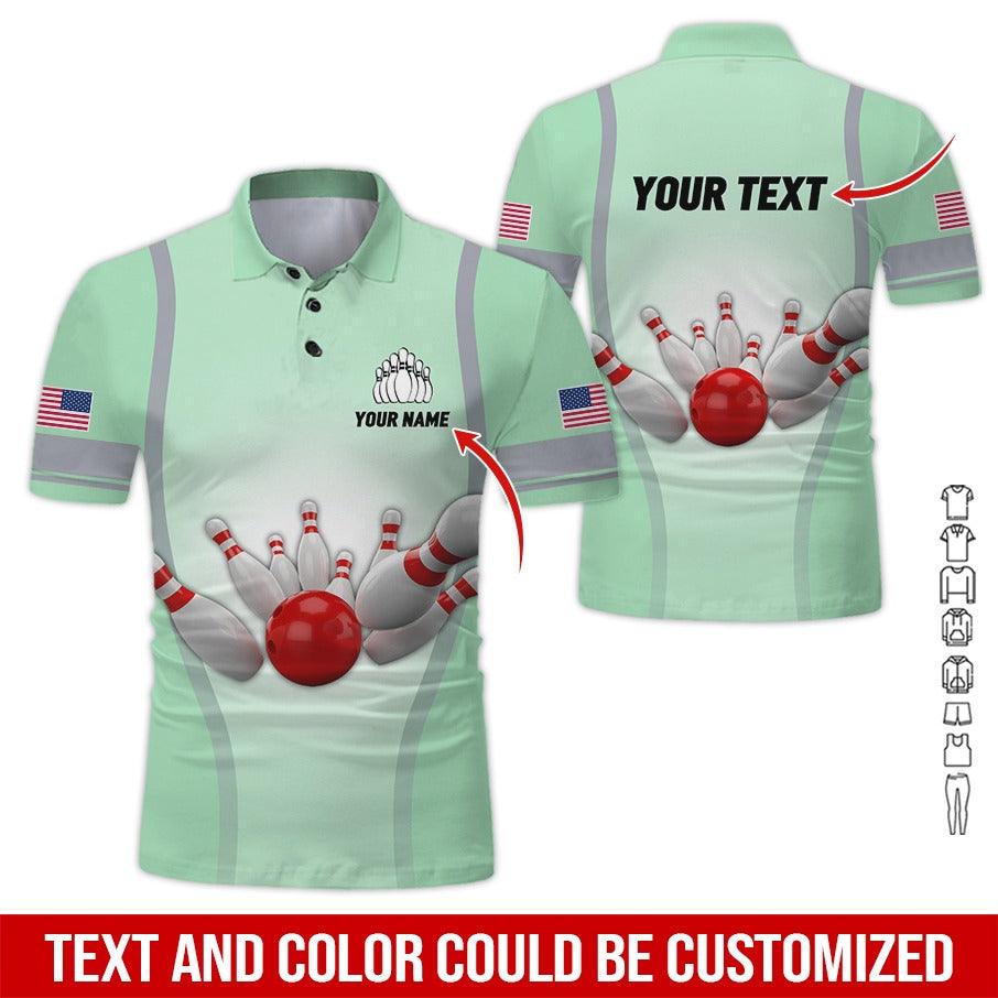 Custom Bowling Men Polo Shirt - Bowling Ball Pattern, US Flag Personalized Name Polo Shirt - Perfect Bowling Gift For Men, Bowling Lover - Amzanimalsgift