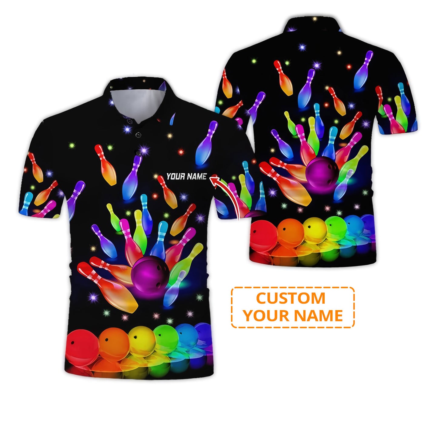 Custom Bowling Men Polo Shirt - Rainbow Bowling Ball Personalized Name Polo Shirt - Perfect Bowling Gift For Men, Bowling Lover