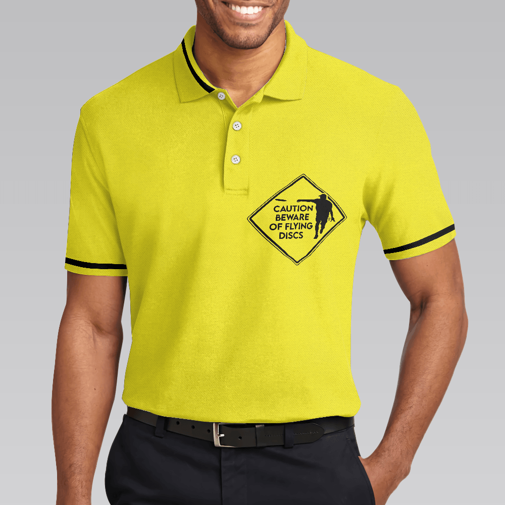 Custom Disc Golf Men Polo Shirt - Caution Beware Of Flying Discs Men Polo Shirt, Yellow Skull Polo Shirt, Best Golf Shirt For Men - Amzanimalsgift