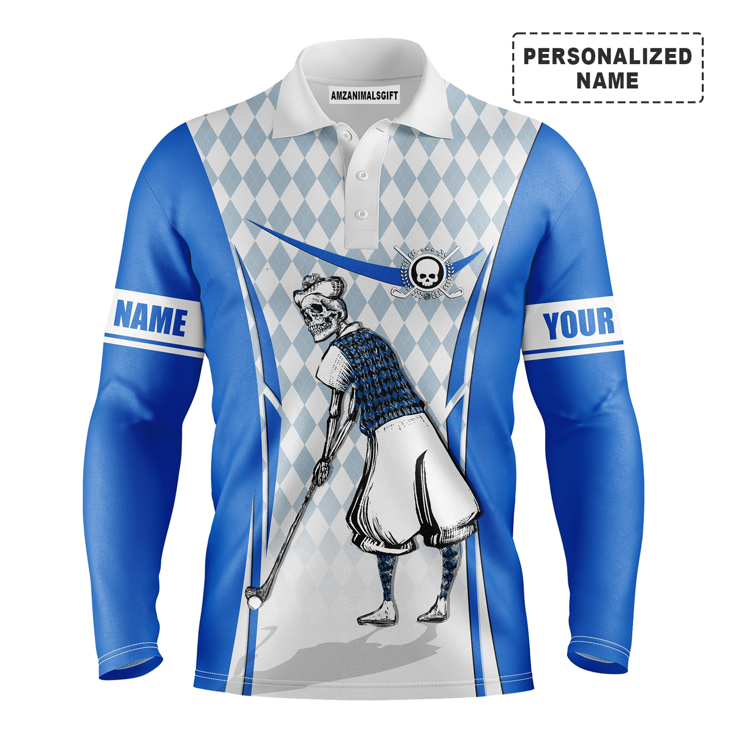 Personalized Name Golf Long Sleeve Polo Shirt Blue Argyle Pattern Skull Men Golf Apparel, Perfect Outfit For Men, Golfers, Golf Lovers, Team