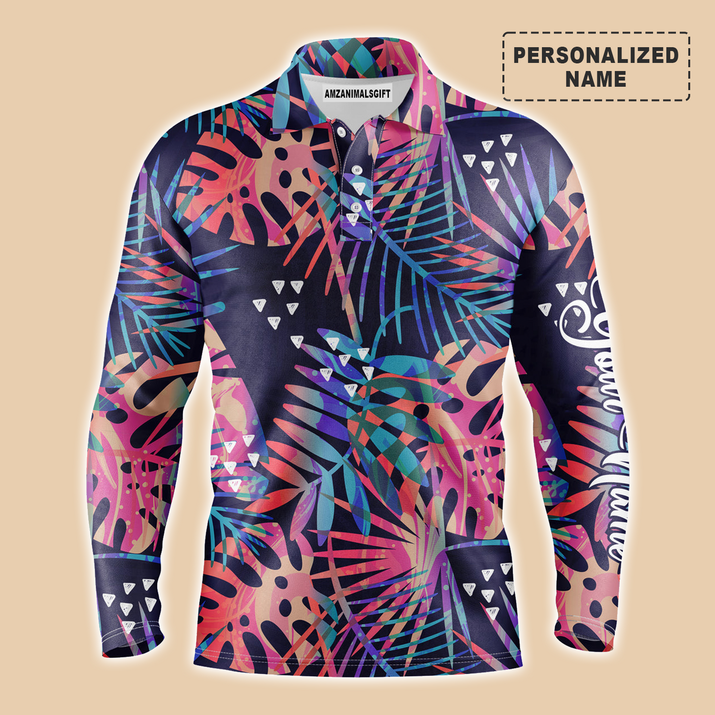 Custom Men Polo Shirt - Colorful Tropical Plants And Palm Leaves Custom Name Men Polo Shirt - Perfect Polo Shirt For Men