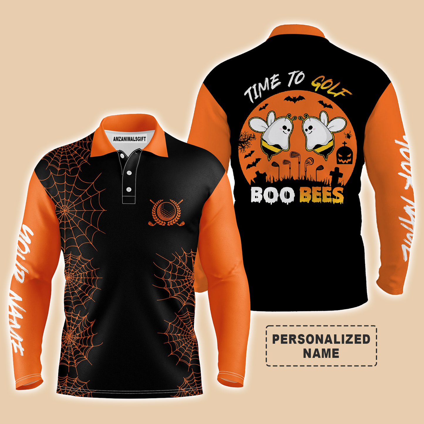 Custom Golf Men Polo Shirt - Funny Black Orange Halloween Golf Polo Shirts, Time To Golf Boo Bees Men Polo Shirt - Perfect Polo Shirt For Men