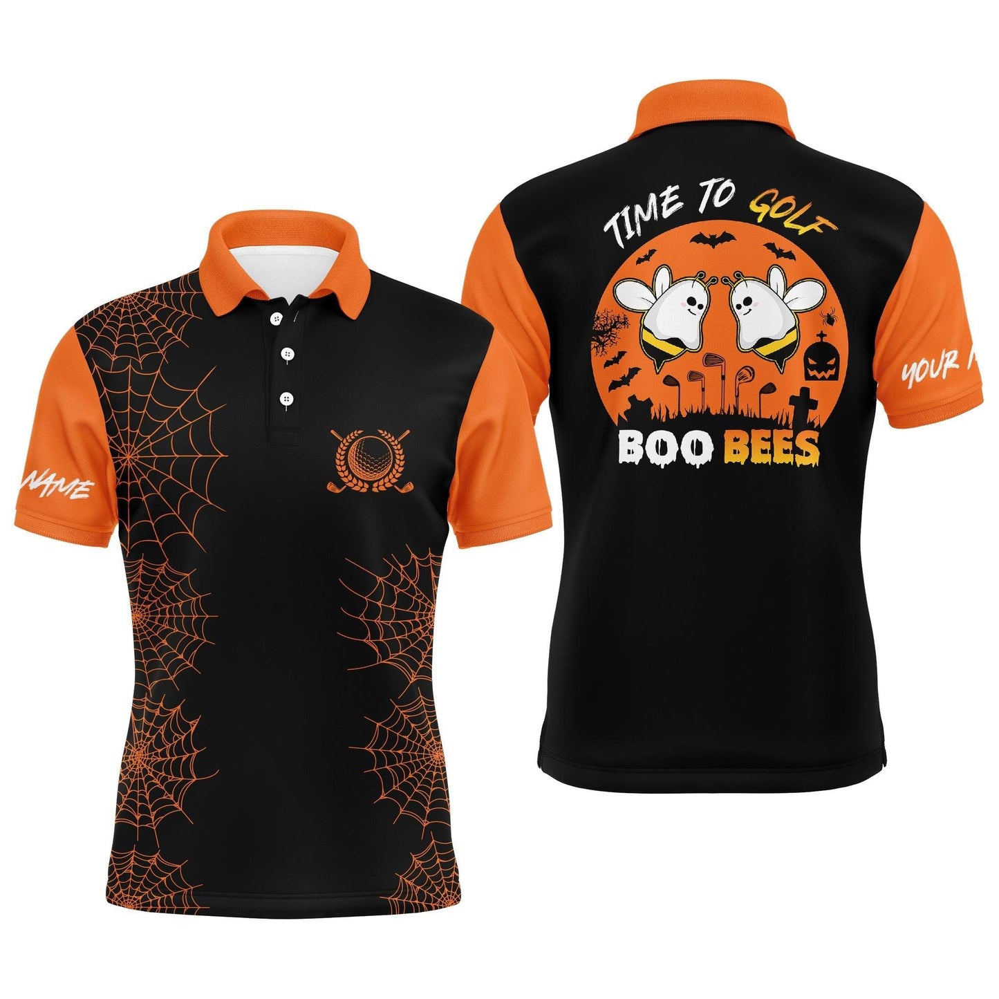 Custom Golf Men Polo Shirt - Funny Black Orange Halloween Golf Polo Shirts, Time To Golf Boo Bees Men Polo Shirt - Perfect Polo Shirt For Men - Amzanimalsgift