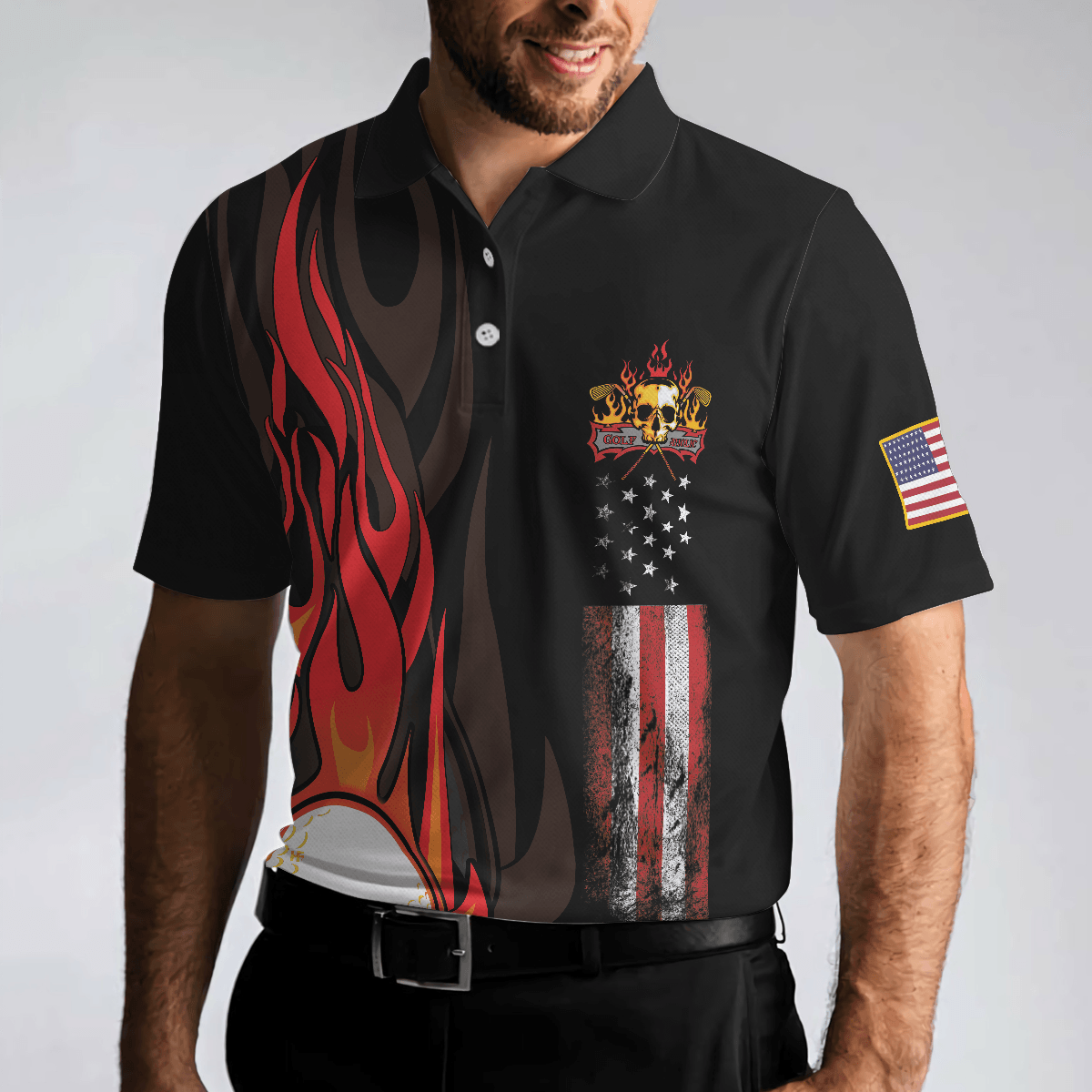 Custom Golf Men Polo Shirt - Golf Flame Skull Golf Men Polo Shirt, Black American Flag Golf Shirt For Men - Perfect Polo Shirt For Men, Golfers - Amzanimalsgift