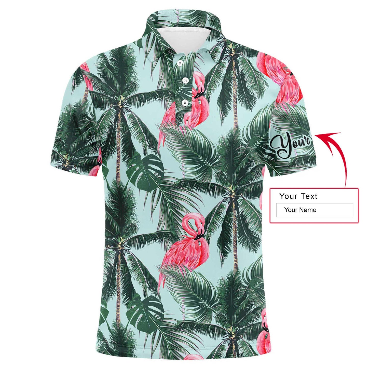 Custom Golf Men Polo Shirt - Pink Flamingo Tropical Palm Leaves Custom Name Apparel Men Polo Shirt - Personalized Gift For Golf Lover, Team, Golfer - Amzanimalsgift