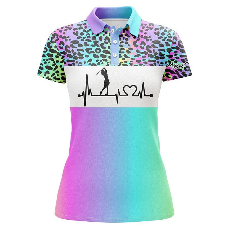Custom Golf Women Polo Shirt - Women Golf Polo Shirt Custom Name Rainbow Gradient Leopard Golf Heartbeat - Perfect Polo Shirt For Women - Amzanimalsgift