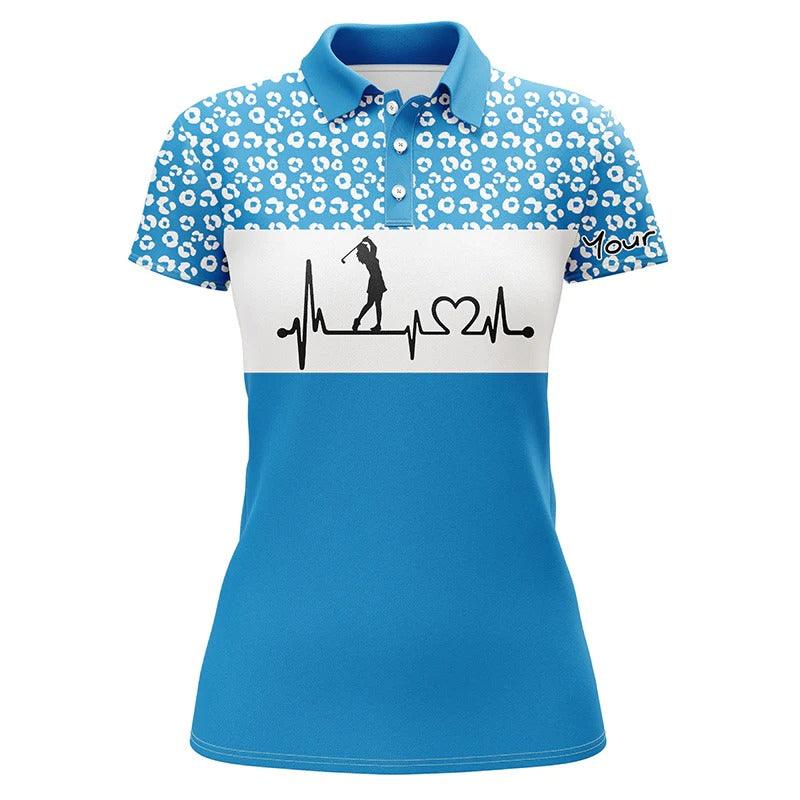 Custom Golf Women Polo Shirt - Women Golf Polo Shirt Golf Heartbeat Custom Name Leopard Pattern Golf Shirt - Perfect Polo Shirt For Women - Amzanimalsgift