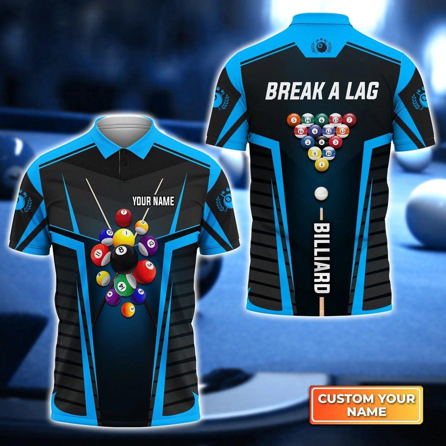 Custom Name Billiard Men Polo Shirt, Break A Lag Blue Billiards Personalized 8 Ball Pool Billiards Polo Shirts, Gift For Men, Billiard Lovers, Players - Amzanimalsgift