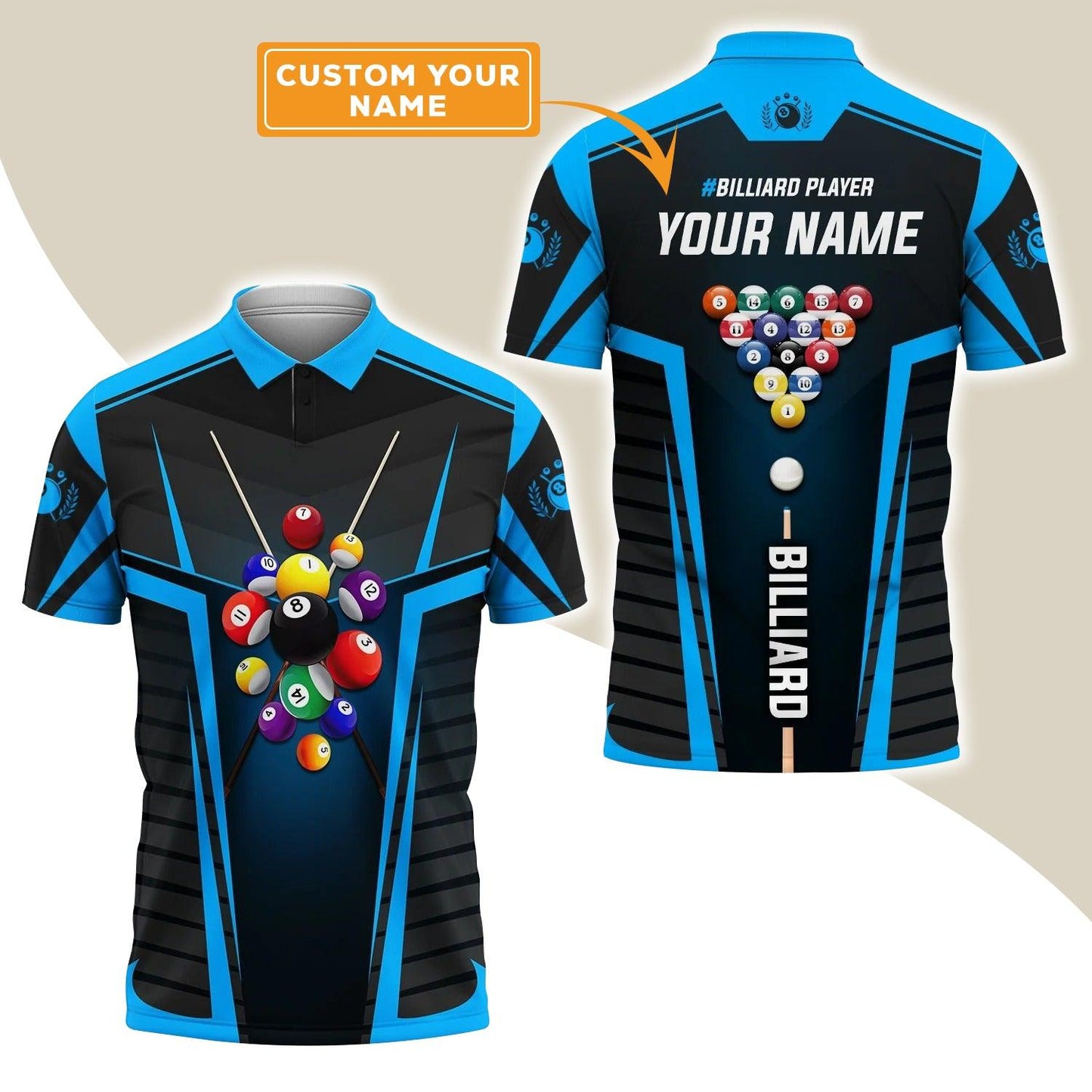 Custom Name Billiard Men Polo Shirt, Personalized Blue 8 Ball Pool Billiards Polo Shirts, Perfect Gift For Men, Billiards Lovers, Billiards Players - Amzanimalsgift
