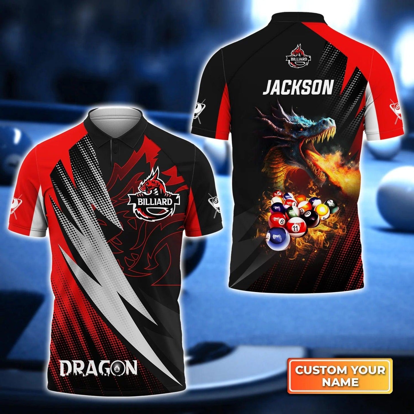 Custom Name Billiard Men Polo Shirt, Personalized Dragon On Fire 8 Ball Pool Billiards Polo Shirts, Perfect Gift For Billiard Lovers, Billiard Players