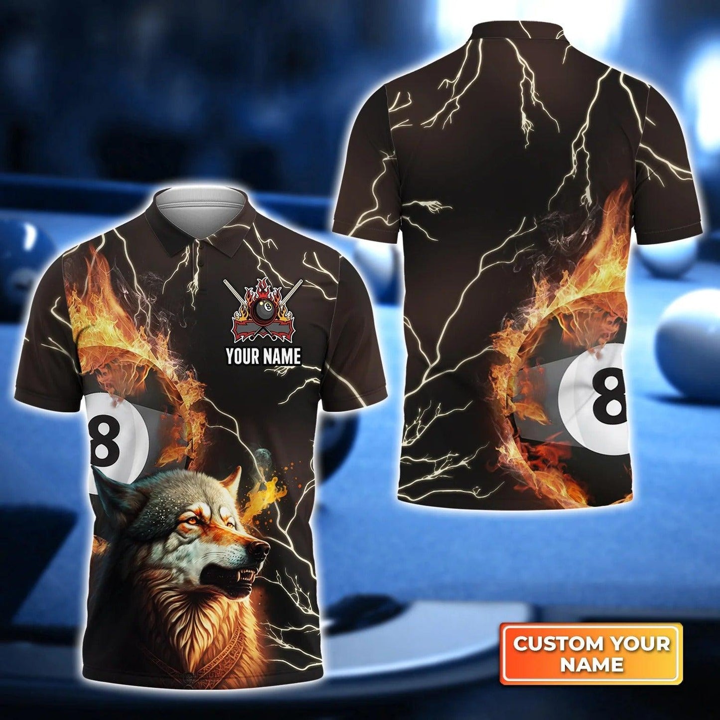 Custom Name Billiard Men Polo Shirt, Wolf On Fire Personalized 8 Ball Pool Billiards Polo Shirts, Gift For Men, Billiard Lovers, Billiard Players - Amzanimalsgift