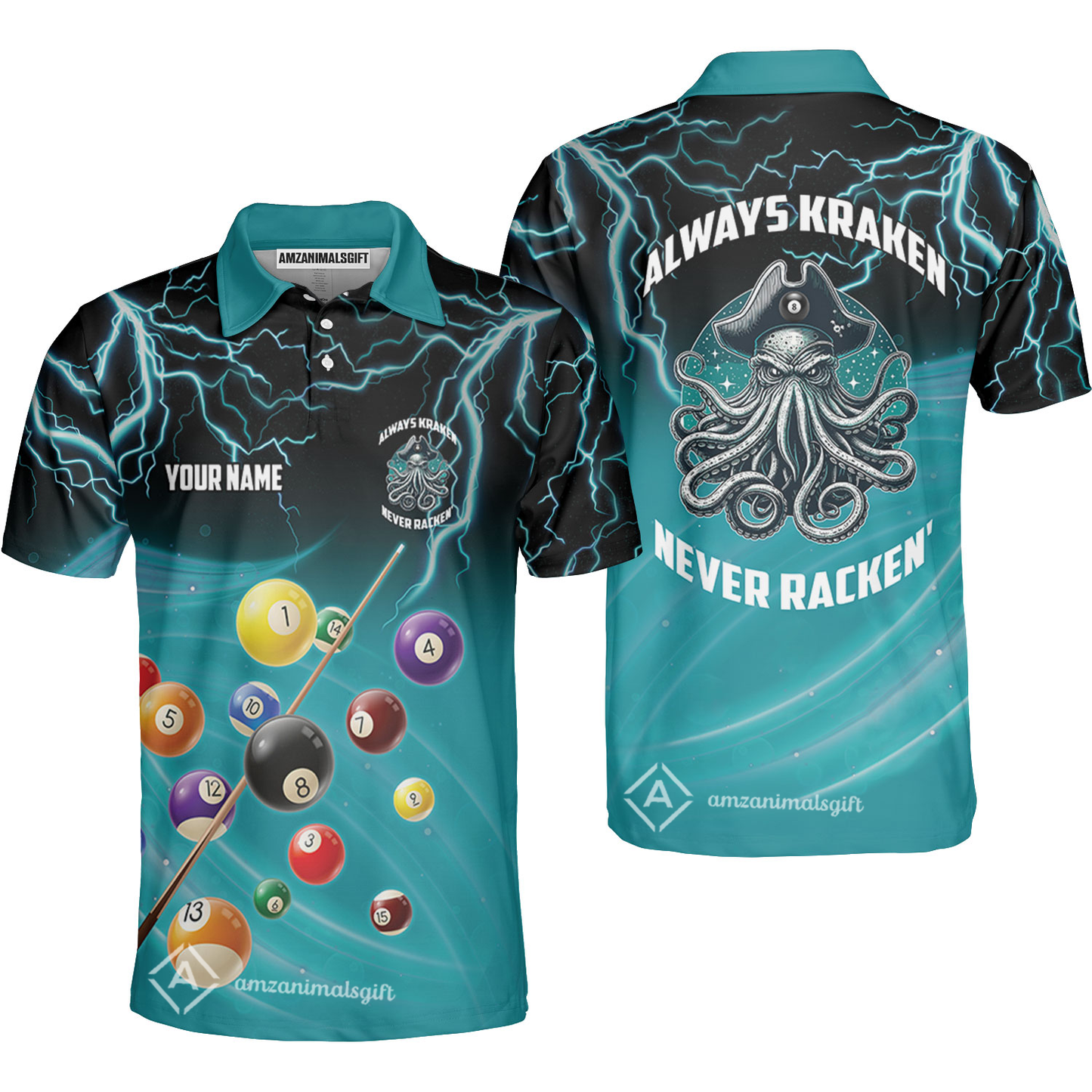 Customized Billiards 8 Ball Pool Polo Shirt, Octopus Kraken Pirate Aquamarine Polo Shirts For 8 Ball Pool Players