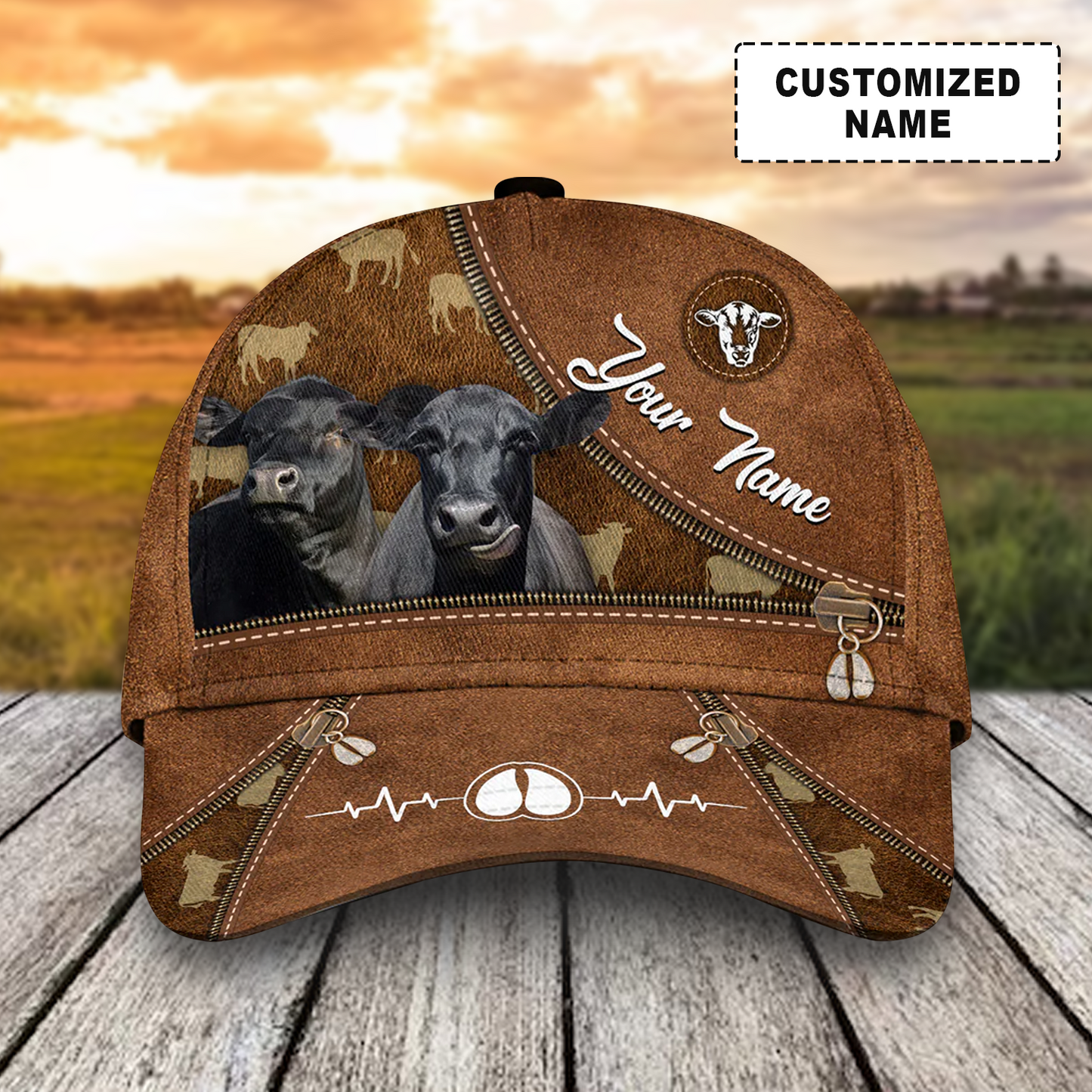 Customized Black Angus Cattle Caps, Black Angus Cow Zipper Pattern Brown Hats, Best Farm Hat For Men Women Farmer