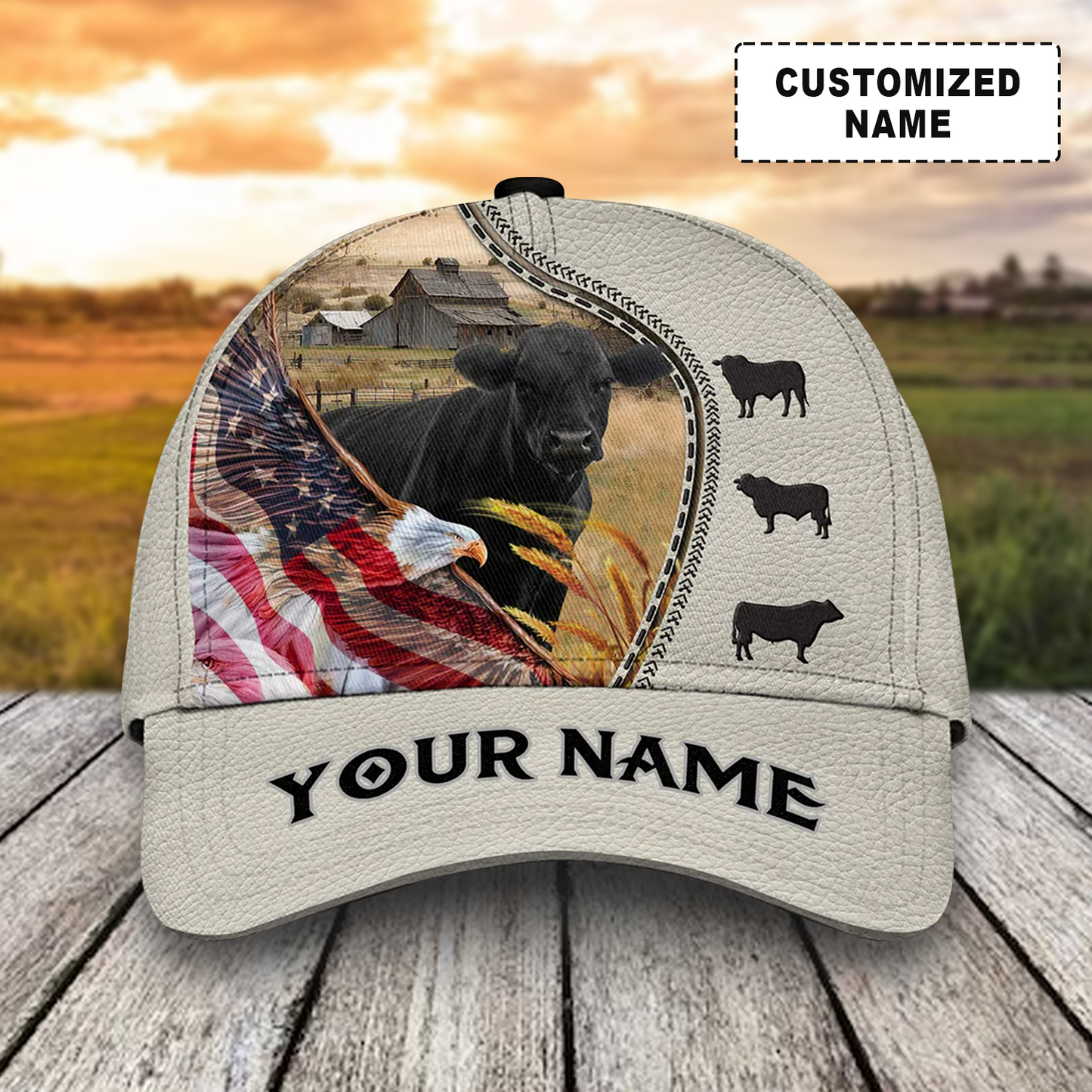 Customized Black Angus Cattle Caps Hat, Black Angus Cow Patriotic Eagle White Caps, Best Hat For Men Women July 4th