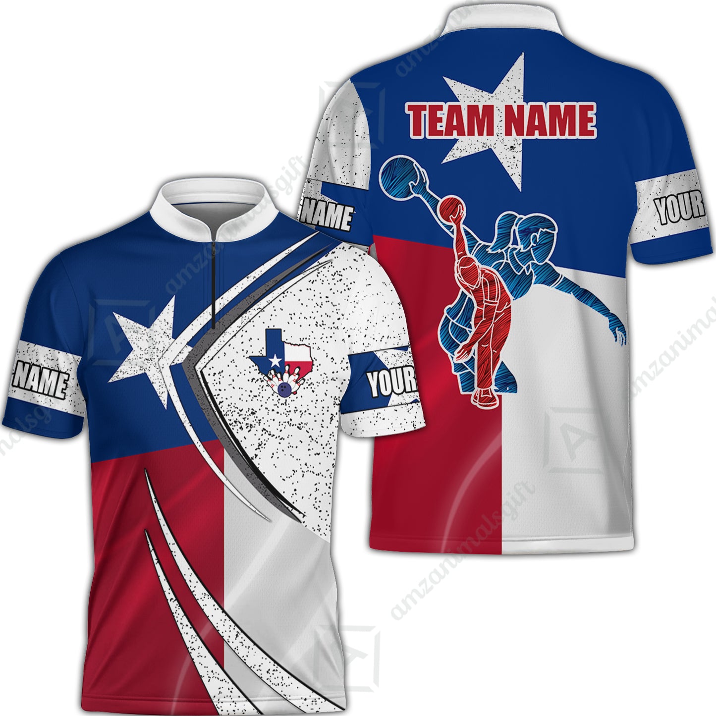 Customized Bowling Jersey, Bowling And Pins Texas Style Customized Name And Team Name Quarter-Zip Jerseys Shirts