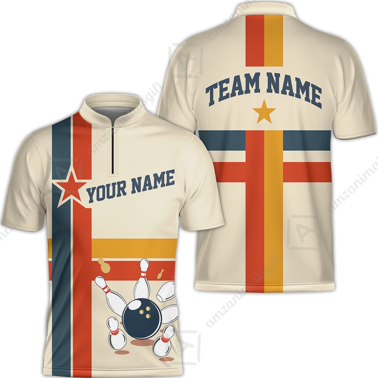 Customized Bowling Jersey, Vintage Americana Bowling Style Quarter-Zip Stand Collar Shirt For Bowling Team, Bowlers