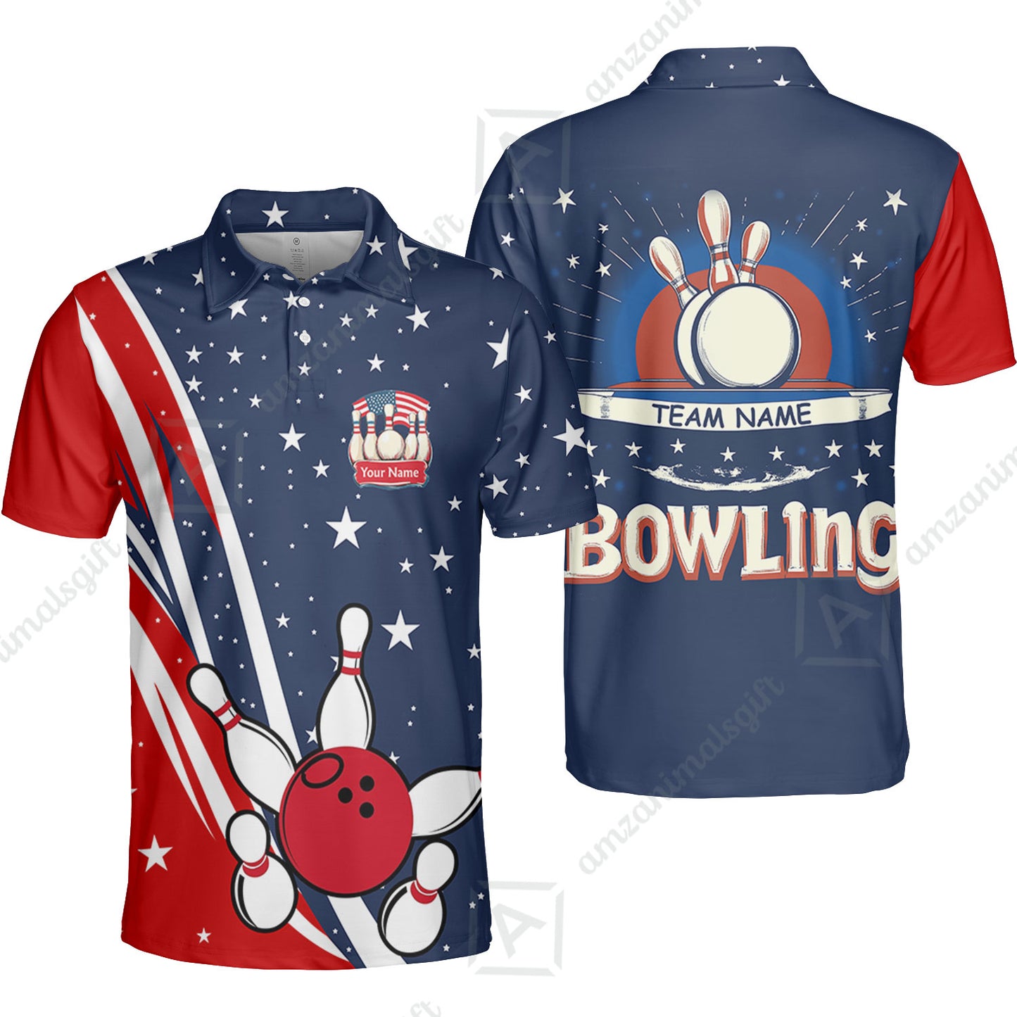 Customized Bowling Patriotic Polo Shirt, Red White Blue Theme Quarter-zip Stand Collar Shirt, Perfect For Bowling Team