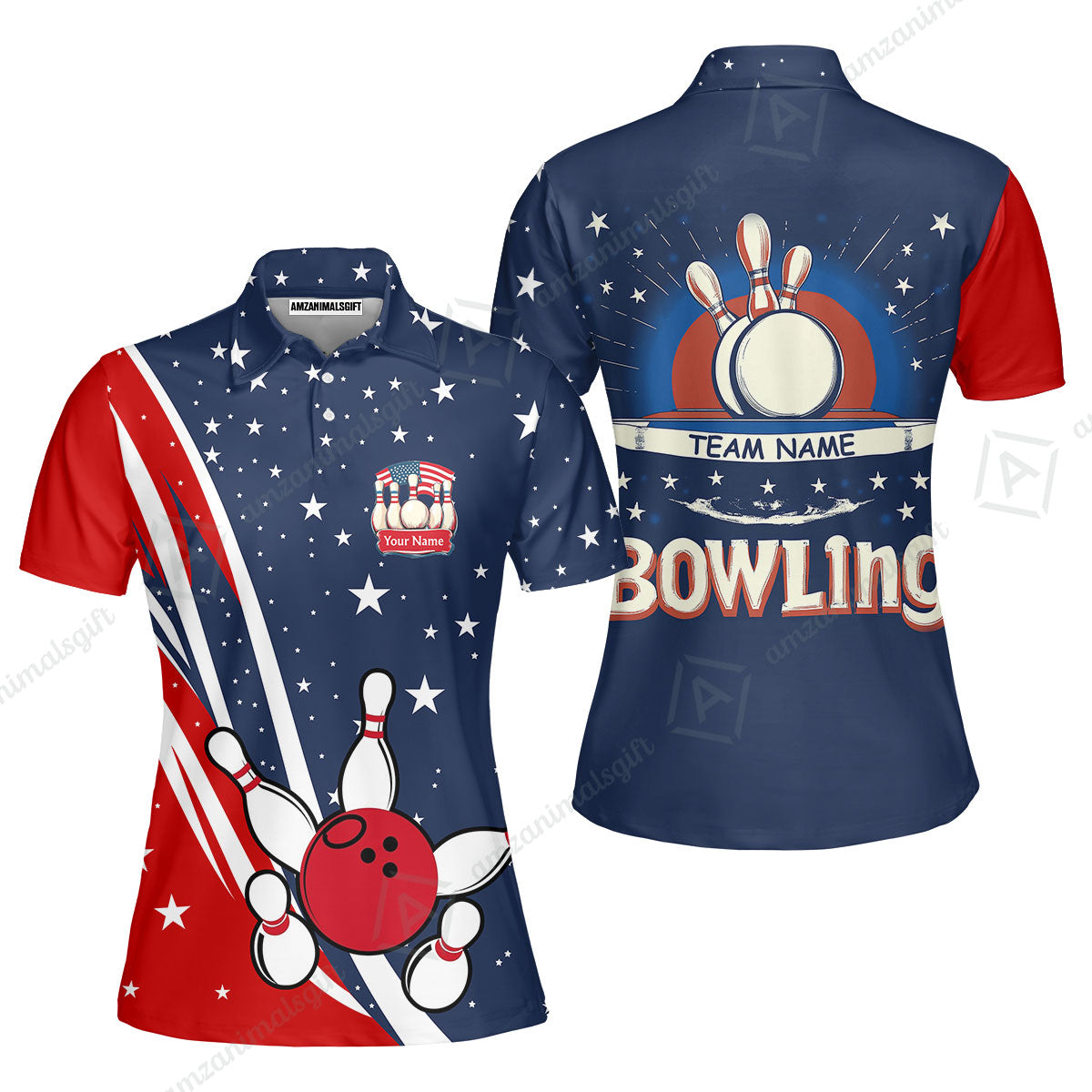 Customized Bowling Patriotic Women Polo Shirt, Red White Blue Theme Women Polo Shirt, Perfect For Bowling Team, Bowlers