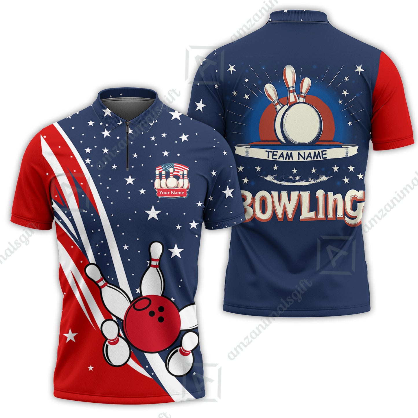 Customized Bowling Patriotic Zip Polo Shirt, Red White Blue Theme Quarter-zip Polo Shirt, Perfect For Bowling Team, Bowlers