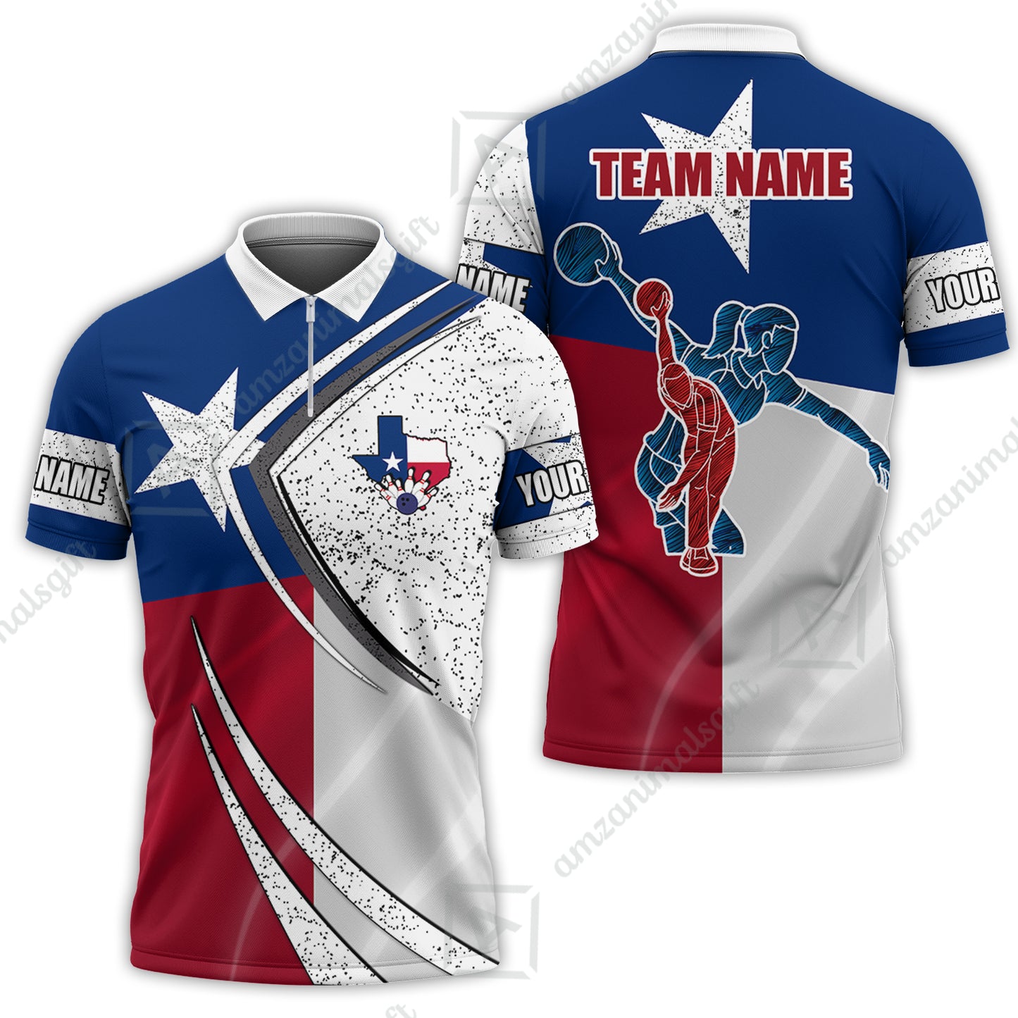Customized Bowling Quarter-Zip Polo Shirt, Bowling And Pins Texas Style Customized Name And Team Name Uniform Polo Shirts
