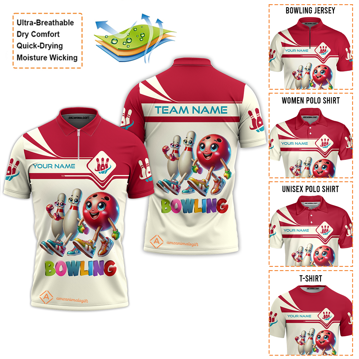Customized Bowling Quarter-Zip Polo Shirt, Bowling Ball and Pins Together Zip Polo Shirt Uniform For Bowlers, Bowling Team