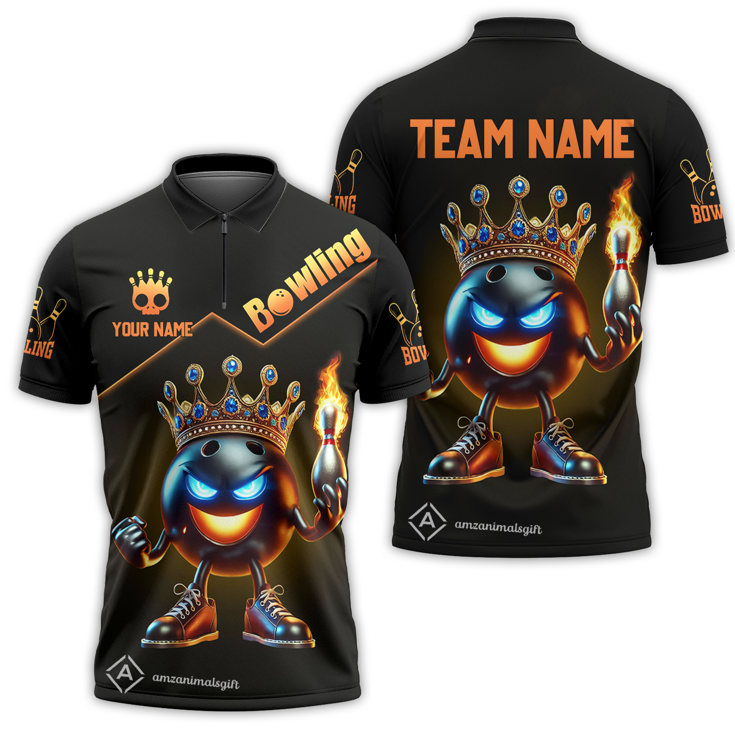Customized Bowling Quarter-Zip Polo Shirt King Of Bowling Fire Custom Name And Team Name Uniforms For Bowlers